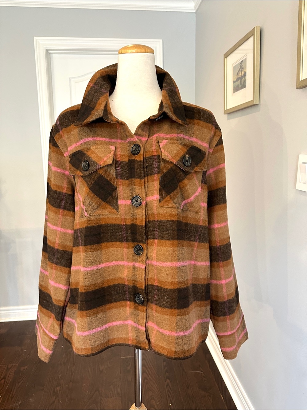 BB Dakota Brown Plaid Utility Shacket with Pink Stripes